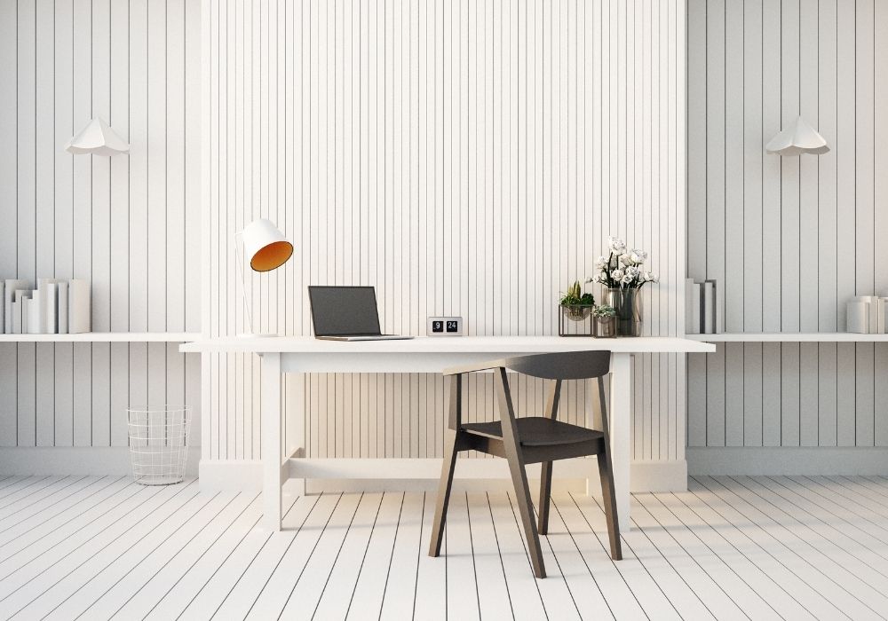 Tampilan parquet dan wallpaper minimalis natural untuk ruang kerjamu