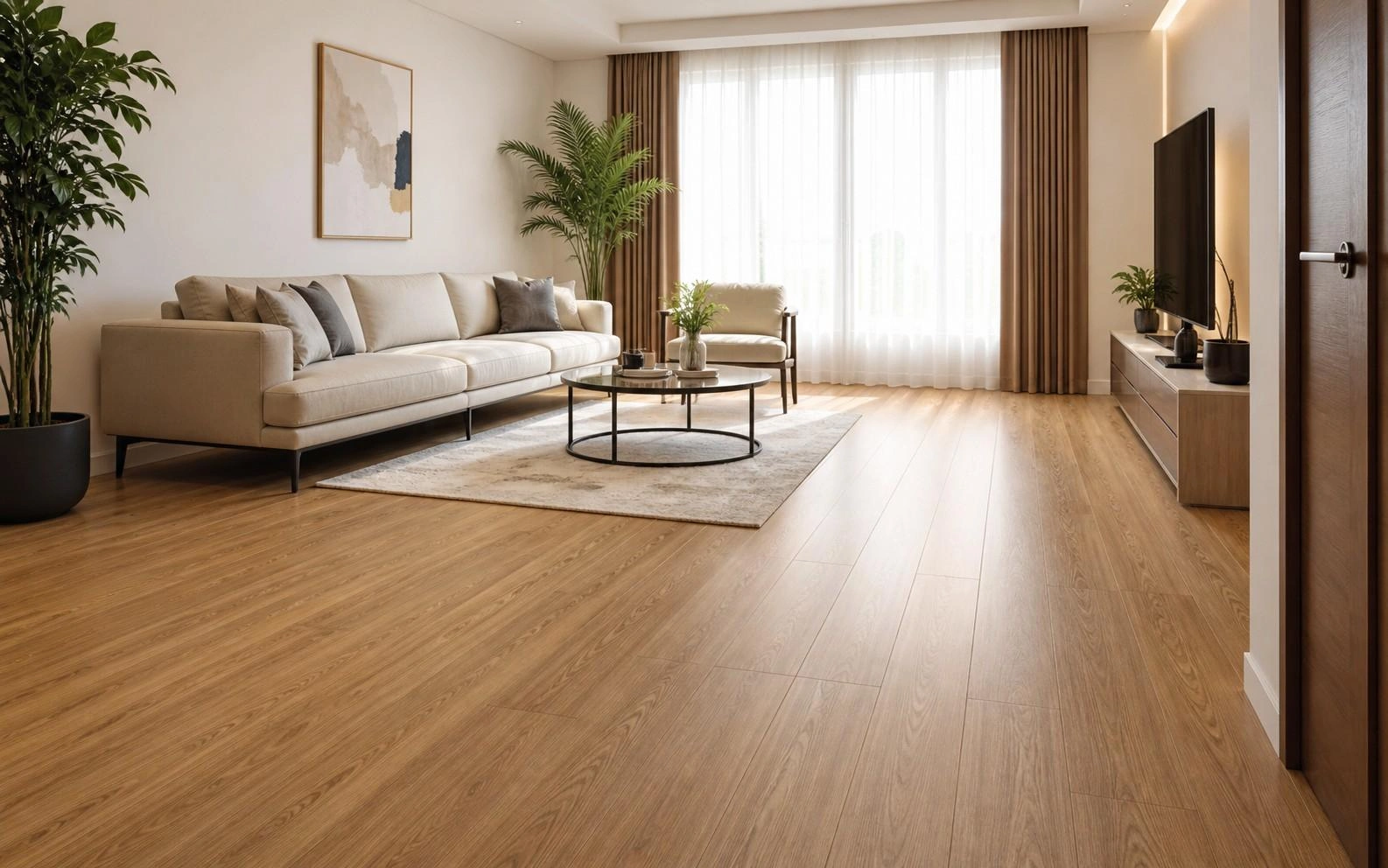 Lantai vinyl SPC premium ruang tamu mewah